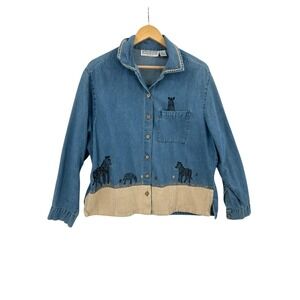 Vintage DressBarn Embroidered Zebra Denim Jean Shirt Womens Size 1X Grannycore‎